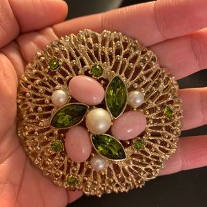 Signed Sarah Coventry brooch chunky big pink olive stones vintage
